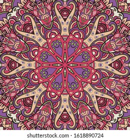 Seamless tracery tile mehndi design. Ethnic ornament, colorful doodle symmetry texture. Folk traditional spiritual tribal design. Curved doodling motif. Color art. Vector