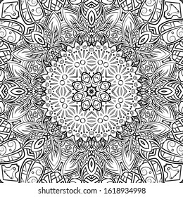 Seamless tracery tile mehndi design. Ethnic ornament, doodle symmetry texture. Folk traditional spiritual tribal design. Curved doodling motif. Binary monochrome black and white art. Vector