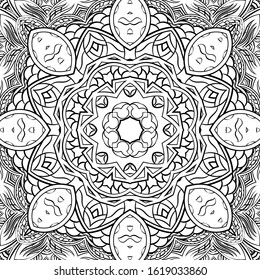 Seamless tracery tile mehndi design. Ethnic ornament, doodle symmetry texture. Folk traditional spiritual tribal design. Curved doodling motif. Binary monochrome black and white art. Vector