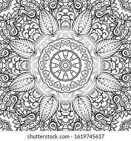 Seamless tracery tile mehndi design. Ethnic ornament, doodle symmetry texture. Folk traditional spiritual tribal design. Curved doodling motif. Binary monochrome black and white art. Vector
