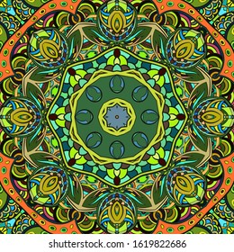 Seamless tracery tile mehndi design. Ethnic ornament, colorful doodle symmetry texture. Folk traditional spiritual tribal design. Curved doodling motif. Color art. Vector