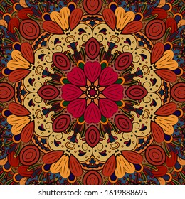 Seamless tracery tile mehndi design. Ethnic ornament, colorful doodle symmetry texture. Folk traditional spiritual tribal design. Curved doodling motif. Color art. Vector