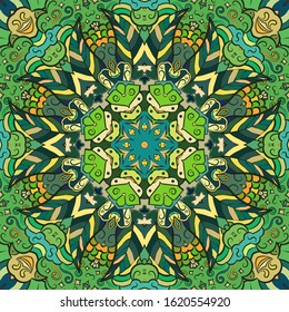 Seamless tracery tile mehndi design. Ethnic ornament, colorful doodle symmetry texture. Folk traditional spiritual tribal design. Curved doodling motif. Color art. Vector