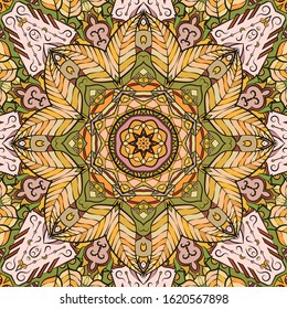 Seamless tracery tile mehndi design. Ethnic ornament, colorful doodle symmetry texture. Folk traditional spiritual tribal design. Curved doodling motif. Color art. Vector