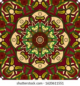 Seamless tracery tile mehndi design. Ethnic ornament, colorful doodle symmetry texture. Folk traditional spiritual tribal design. Curved doodling motif. Color art. Vector