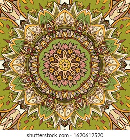 Seamless tracery tile mehndi design. Ethnic ornament, colorful doodle symmetry texture. Folk traditional spiritual tribal design. Curved doodling motif. Color art. Vector