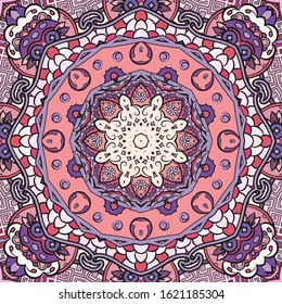 Seamless tracery tile mehndi design. Ethnic ornament, colorful doodle symmetry texture. Folk traditional spiritual tribal design. Curved doodling motif. Color art. Vector