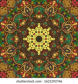 Seamless tracery tile mehndi design. Ethnic ornament, colorful doodle symmetry texture. Folk traditional spiritual tribal design. Curved doodling motif. Color art. Vector