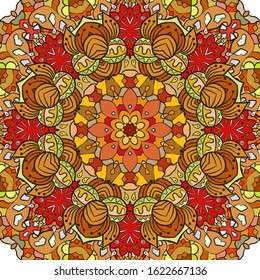 Seamless tracery tile mehndi design. Ethnic ornament, colorful doodle symmetry texture. Folk traditional spiritual tribal design. Curved doodling motif. Color art. Vector