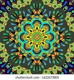 Seamless tracery tile mehndi design. Ethnic ornament, colorful doodle symmetry texture. Folk traditional spiritual tribal design. Curved doodling motif. Color art. Vector