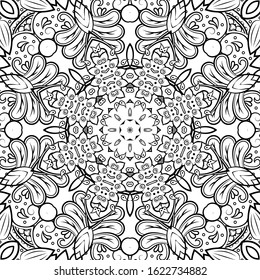 Seamless tracery tile mehndi design. Ethnic ornament, doodle symmetry texture. Folk traditional spiritual tribal design. Curved doodling motif. Binary monochrome black and white art. Vector