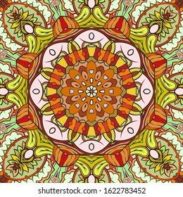 Seamless tracery tile mehndi design. Ethnic ornament, colorful doodle symmetry texture. Folk traditional spiritual tribal design. Curved doodling motif. Color art. Vector