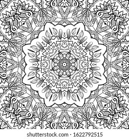 Seamless tracery tile mehndi design. Ethnic ornament, doodle symmetry texture. Folk traditional spiritual tribal design. Curved doodling motif. Binary monochrome black and white art. Vector