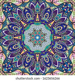 Seamless tracery tile mehndi design. Ethnic ornament, colorful doodle symmetry texture. Folk traditional spiritual tribal design. Curved doodling motif. Color art. Vector