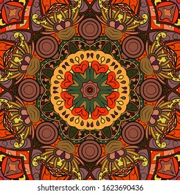 Seamless tracery tile mehndi design. Ethnic ornament, colorful doodle symmetry texture. Folk traditional spiritual tribal design. Curved doodling motif. Color art. Vector