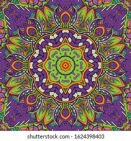 Seamless tracery tile mehndi design. Ethnic ornament, colorful doodle symmetry texture. Folk traditional spiritual tribal design. Curved doodling motif. Color art. Vector