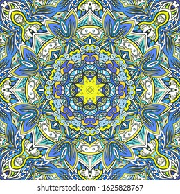 Seamless tracery tile mehndi design. Ethnic ornament, colorful doodle symmetry texture. Folk traditional spiritual tribal design. Curved doodling motif. Color art. Vector
