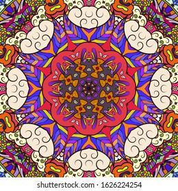 Seamless tracery tile mehndi design. Ethnic ornament, colorful doodle symmetry texture. Folk traditional spiritual tribal design. Curved doodling motif. Color art. Vector