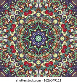 Seamless tracery tile mehndi design. Ethnic ornament, colorful doodle symmetry texture. Folk traditional spiritual tribal design. Curved doodling motif. Color art. Vector