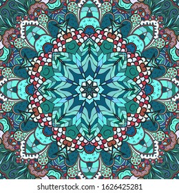 Seamless tracery tile mehndi design. Ethnic ornament, colorful doodle symmetry texture. Folk traditional spiritual tribal design. Curved doodling motif. Color art. Vector