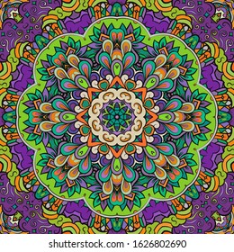 Seamless tracery tile mehndi design. Ethnic ornament, colorful doodle symmetry texture. Folk traditional spiritual tribal design. Curved doodling motif. Color art. Vector