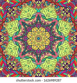 Seamless tracery tile mehndi design. Ethnic ornament, colorful doodle symmetry texture. Folk traditional spiritual tribal design. Curved doodling motif. Color art. Vector