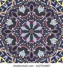 Seamless tracery tile mehndi design. Ethnic ornament, colorful doodle symmetry texture. Folk traditional spiritual tribal design. Curved doodling motif. Color art. Vector