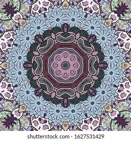 Seamless tracery tile mehndi design. Ethnic ornament, colorful doodle symmetry texture. Folk traditional spiritual tribal design. Curved doodling motif. Color art. Vector