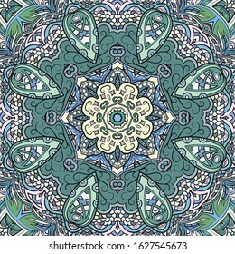 Seamless tracery tile mehndi design. Ethnic ornament, colorful doodle symmetry texture. Folk traditional spiritual tribal design. Curved doodling motif. Color art. Vector
