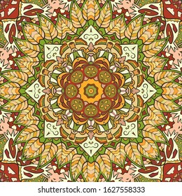 Seamless tracery tile mehndi design. Ethnic ornament, colorful doodle symmetry texture. Folk traditional spiritual tribal design. Curved doodling motif. Color art. Vector