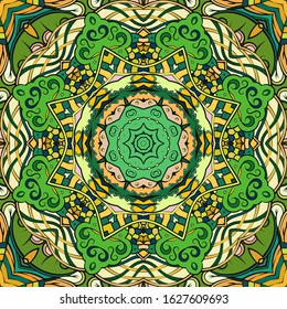 Seamless tracery tile mehndi design. Ethnic ornament, colorful doodle symmetry texture. Folk traditional spiritual tribal design. Curved doodling motif. Color art. Vector