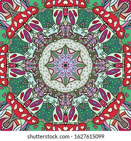 Seamless tracery tile mehndi design. Ethnic ornament, colorful doodle symmetry texture. Folk traditional spiritual tribal design. Curved doodling motif. Color art. Vector