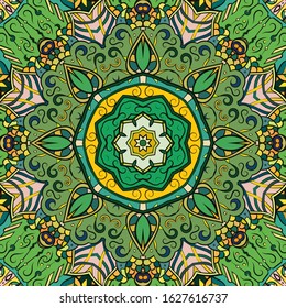 Seamless tracery tile mehndi design. Ethnic ornament, colorful doodle symmetry texture. Folk traditional spiritual tribal design. Curved doodling motif. Color art. Vector