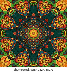 Seamless tracery tile mehndi design. Ethnic ornament, colorful doodle symmetry texture. Folk traditional spiritual tribal design. Curved doodling motif. Color art. Vector