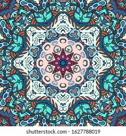 Seamless tracery tile mehndi design. Ethnic ornament, colorful doodle symmetry texture. Folk traditional spiritual tribal design. Curved doodling motif. Color art. Vector