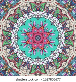 Seamless tracery tile mehndi design. Ethnic ornament, colorful doodle symmetry texture. Folk traditional spiritual tribal design. Curved doodling motif. Color art. Vector