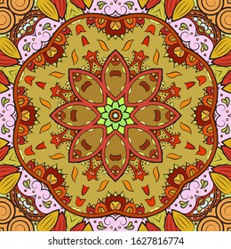 Seamless tracery tile mehndi design. Ethnic ornament, colorful doodle symmetry texture. Folk traditional spiritual tribal design. Curved doodling motif. Color art. Vector