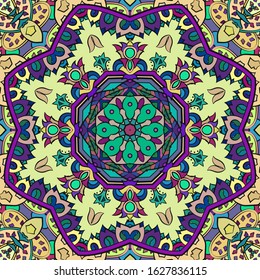 Seamless tracery tile mehndi design. Ethnic ornament, colorful doodle symmetry texture. Folk traditional spiritual tribal design. Curved doodling motif. Color art. Vector