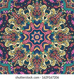 Seamless tracery tile mehndi design. Ethnic ornament, colorful doodle symmetry texture. Folk traditional spiritual tribal design. Curved doodling motif. Color art. Vector