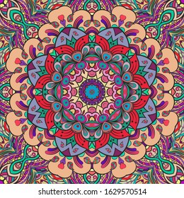 Seamless tracery tile mehndi design. Ethnic ornament, colorful doodle symmetry texture. Folk traditional spiritual tribal design. Curved doodling motif. Color art. Vector