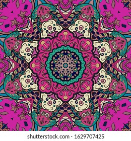 Seamless tracery tile mehndi design. Ethnic ornament, colorful doodle symmetry texture. Folk traditional spiritual tribal design. Curved doodling motif. Color art. Vector