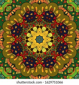 Seamless tracery tile mehndi design. Ethnic ornament, colorful doodle symmetry texture. Folk traditional spiritual tribal design. Curved doodling motif. Color art. Vector