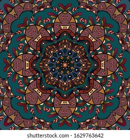 Seamless tracery tile mehndi design. Ethnic ornament, colorful doodle symmetry texture. Folk traditional spiritual tribal design. Curved doodling motif. Color art. Vector