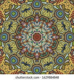 Seamless tracery tile mehndi design. Ethnic ornament, colorful doodle symmetry texture. Folk traditional spiritual tribal design. Curved doodling motif. Color art. Vector