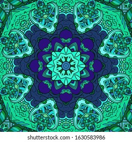 Seamless tracery tile mehndi design. Ethnic ornament, colorful doodle symmetry texture. Folk traditional spiritual tribal design. Curved doodling motif. Color art. Vector