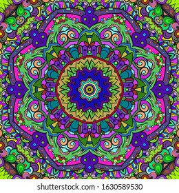 Seamless tracery tile mehndi design. Ethnic ornament, colorful doodle symmetry texture. Folk traditional spiritual tribal design. Curved doodling motif. Color art. Vector