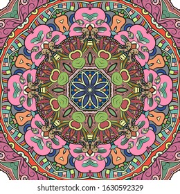 Seamless tracery tile mehndi design. Ethnic ornament, colorful doodle symmetry texture. Folk traditional spiritual tribal design. Curved doodling motif. Color art. Vector