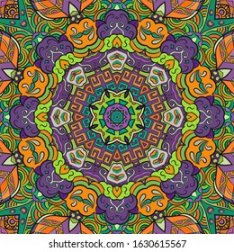 Seamless tracery tile mehndi design. Ethnic ornament, colorful doodle symmetry texture. Folk traditional spiritual tribal design. Curved doodling motif. Color art. Vector