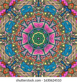 Seamless tracery tile mehndi design. Ethnic ornament, colorful doodle symmetry texture. Folk traditional spiritual tribal design. Curved doodling motif. Color art. Vector