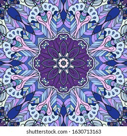 Seamless tracery tile mehndi design. Ethnic ornament, colorful doodle symmetry texture. Folk traditional spiritual tribal design. Curved doodling motif. Color art. Vector